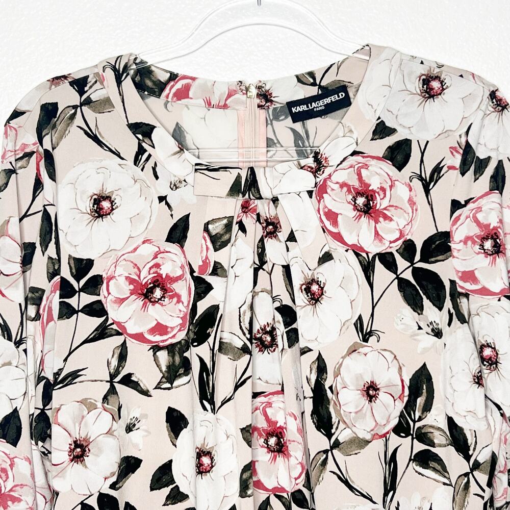 KARL LAGERFELD Vianne Floral Pleated Bow Blouse 3/4 Sleeve Cream Multi Womens L - Picture 4 of 9